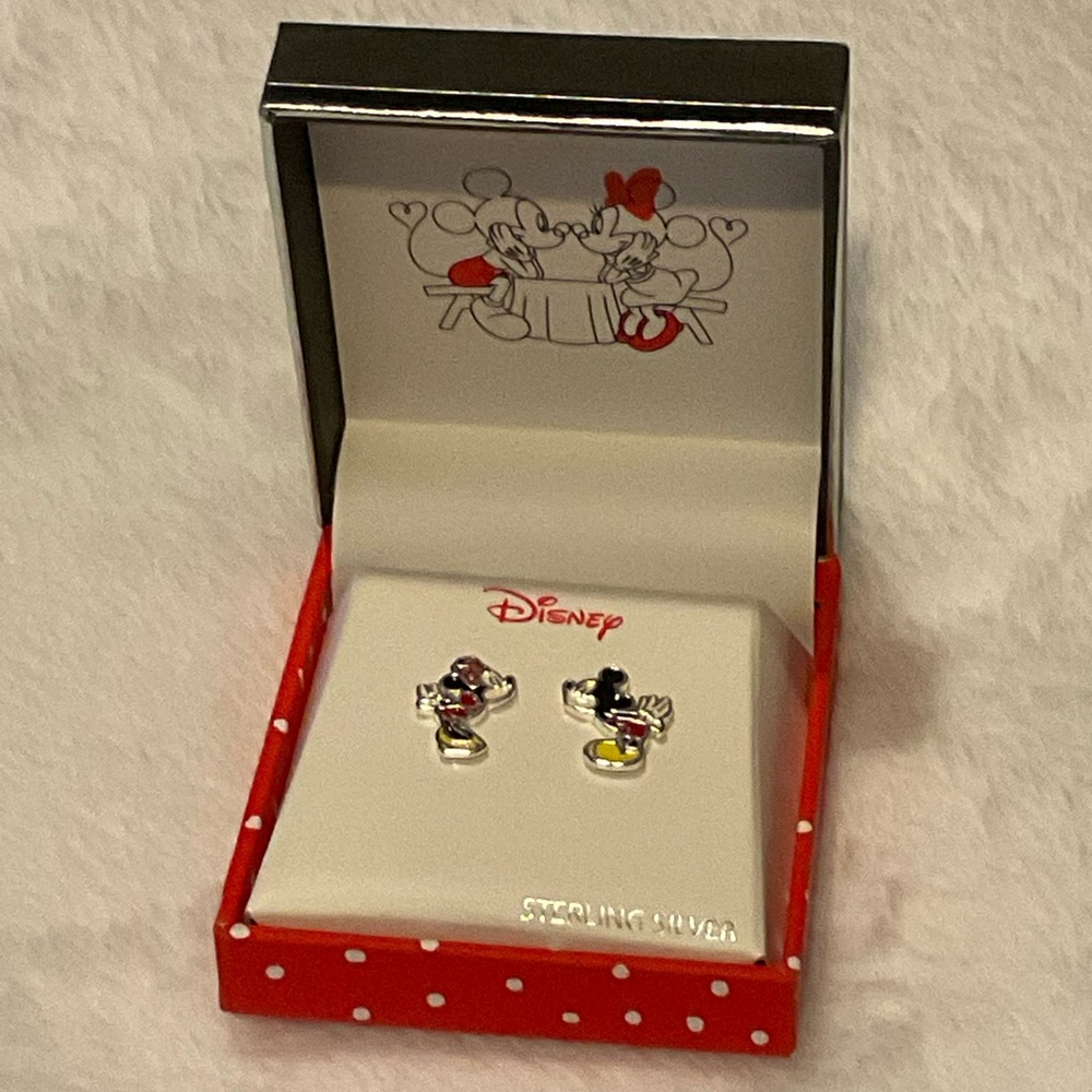 Disney Mickey & Minnie Mouse Kissing Sterling Silver and Enamel Stud Earrings